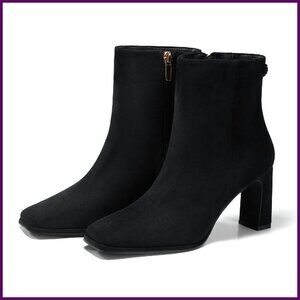 Women's Square Toe Ankle Boots Chunky Block Heel Side Zipper Faux Suede